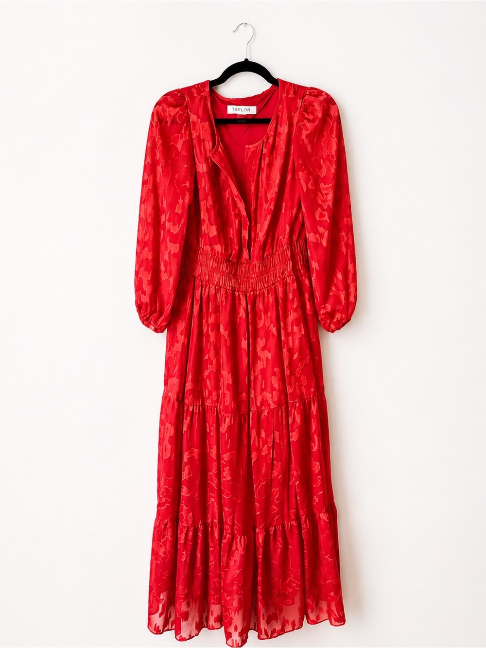 Romantic Red Floral Chiffon Maxi Dress Size 4 | Tiered | Long Sleeve | classic